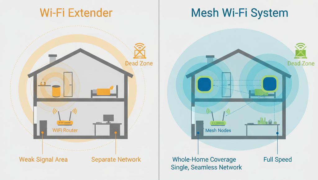 Diagram comparing a Wi-Fi extender setup to a more efficient mesh system
