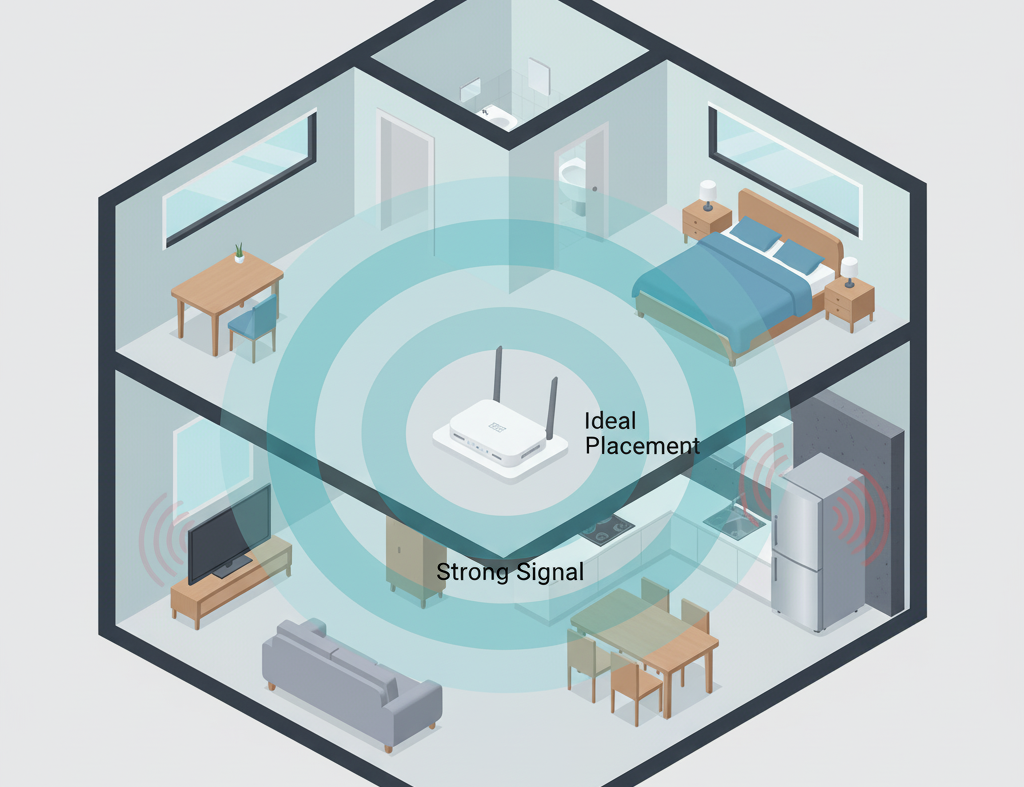Diagram showing a Wi-Fi router in a central, elevated location in a house